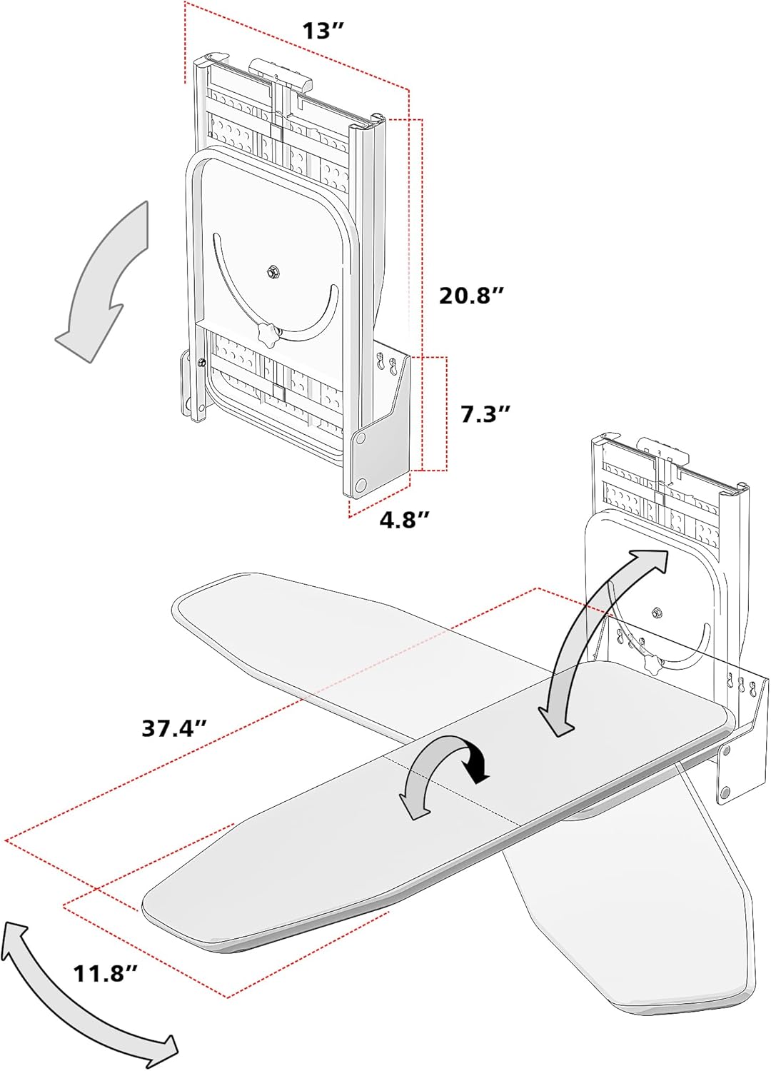 Space Saving Wall Mounted Ironing Board with 180 Swivel and Detachable Cover