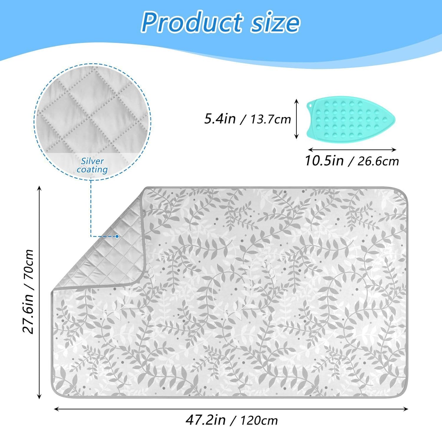 CuwrYet Portable Ironing Mat with Silicone Pad 472x276 Inch Grey Leaves