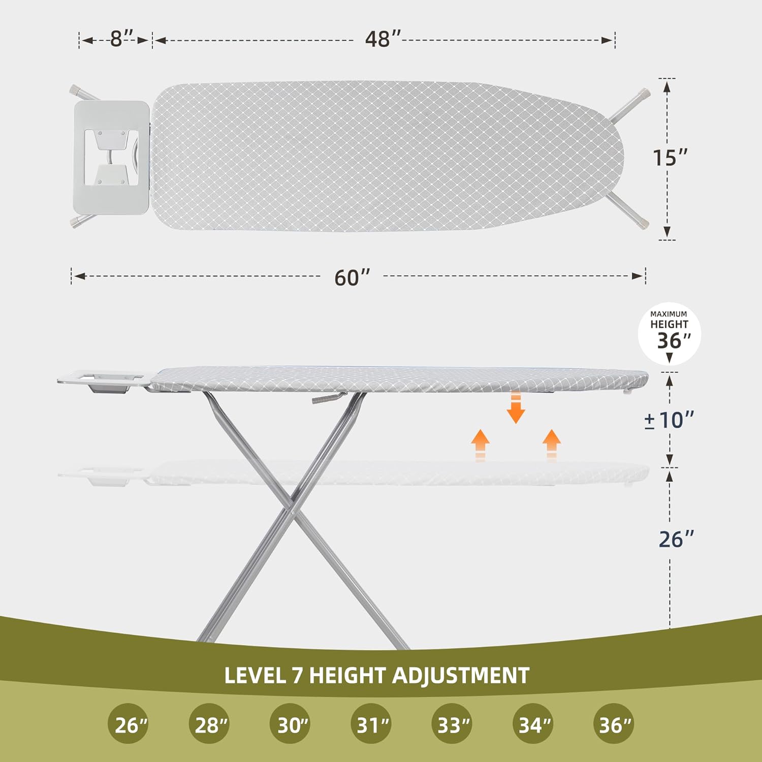 Ironing Board 48x15 with Iron Holder and Adjustable Height