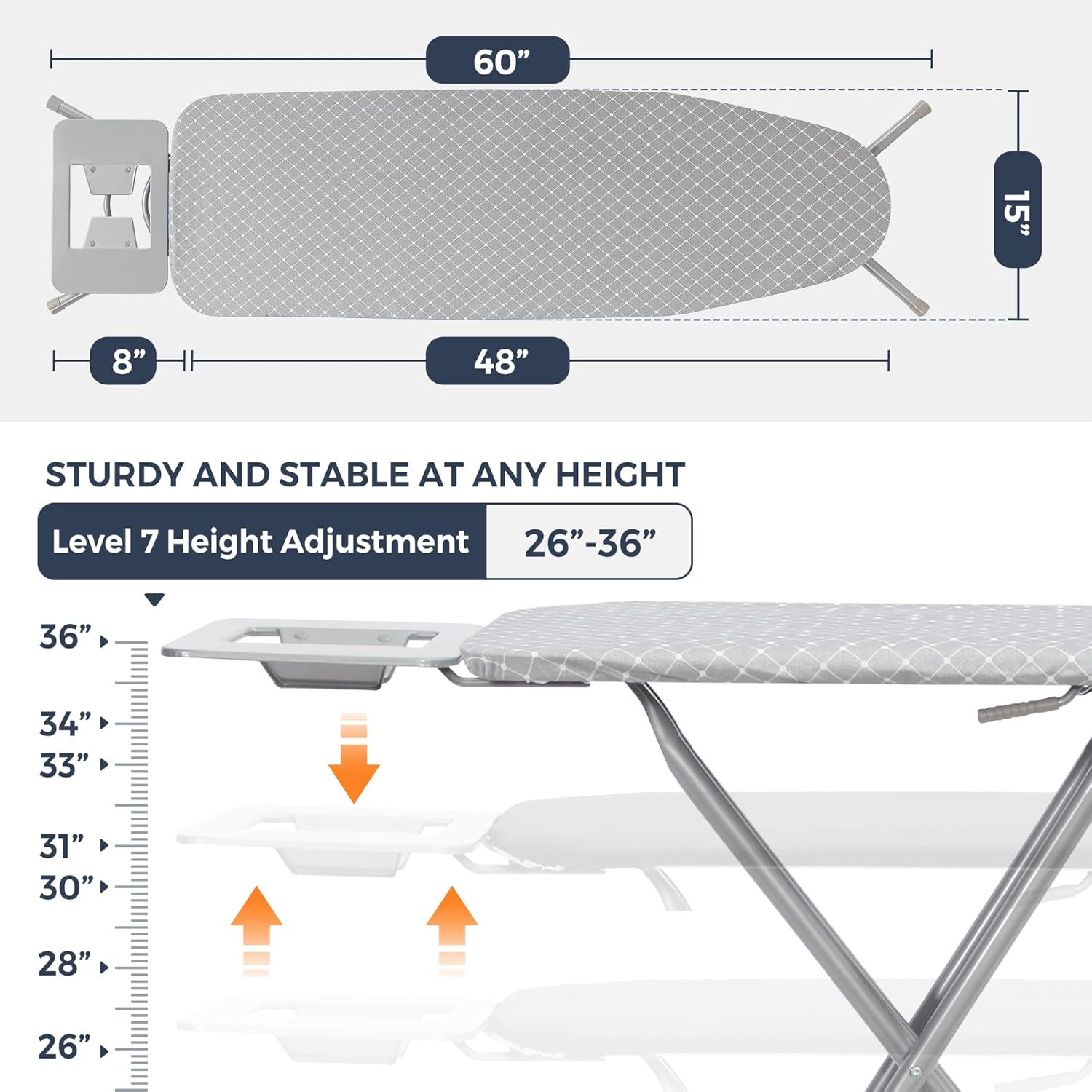 STO STO 48 x 15 Ironing Board with Iron Holder Adjustable Height Foldable
