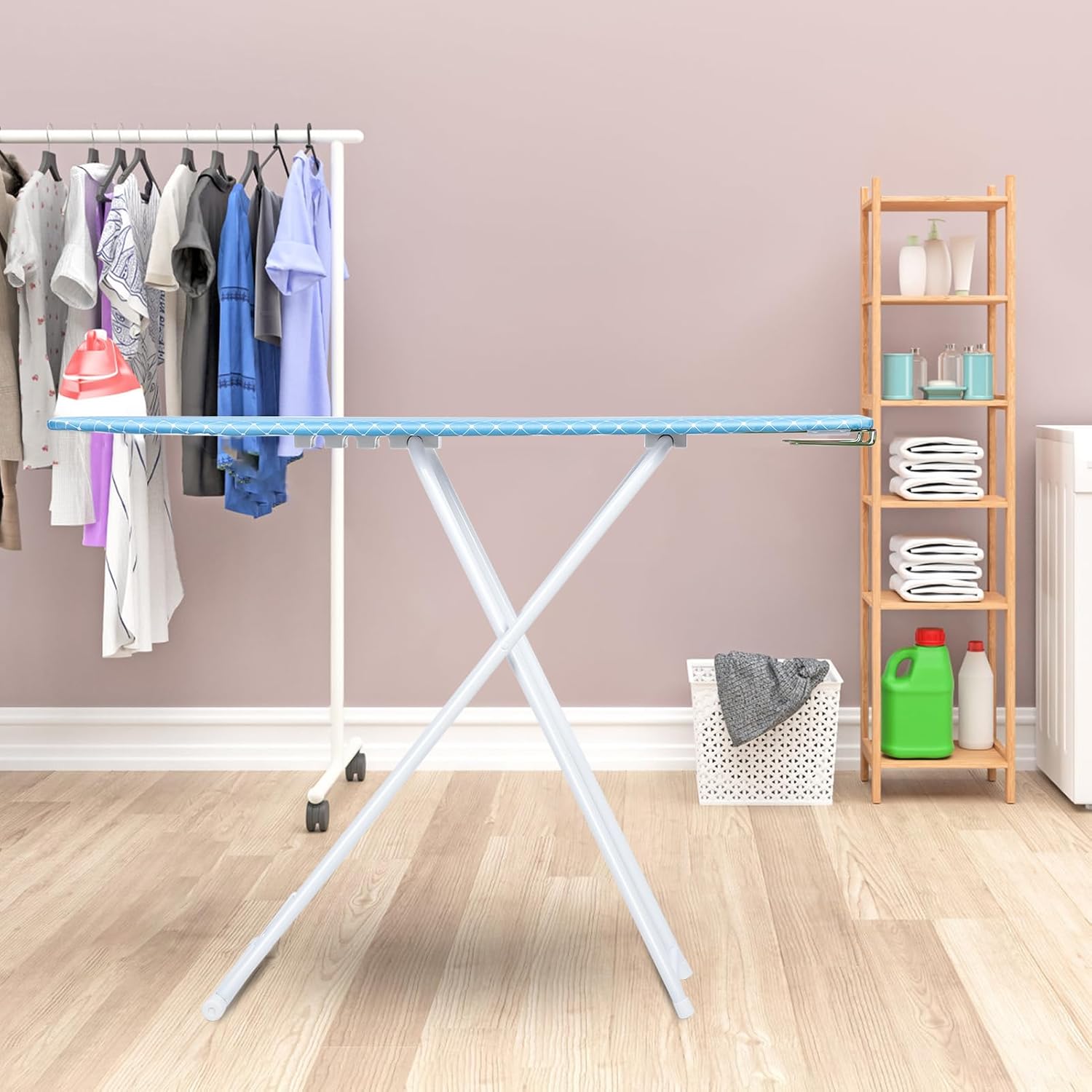 PAPABA Ironing Board with Foldable Iron Rest and Heat-Resistant Cover Blue