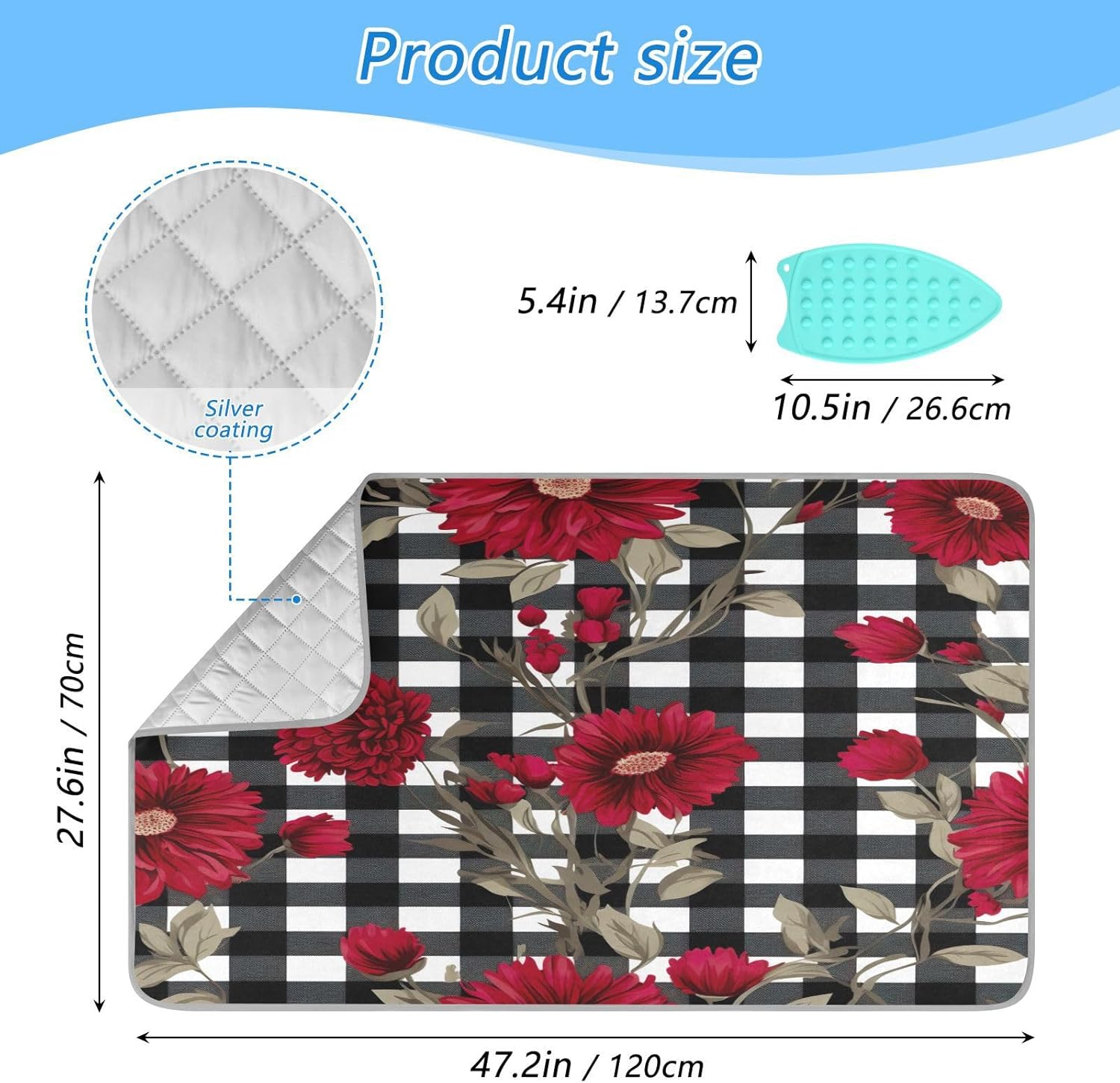 Red Flowers on Black and White Checkered Portable Ironing Blanket