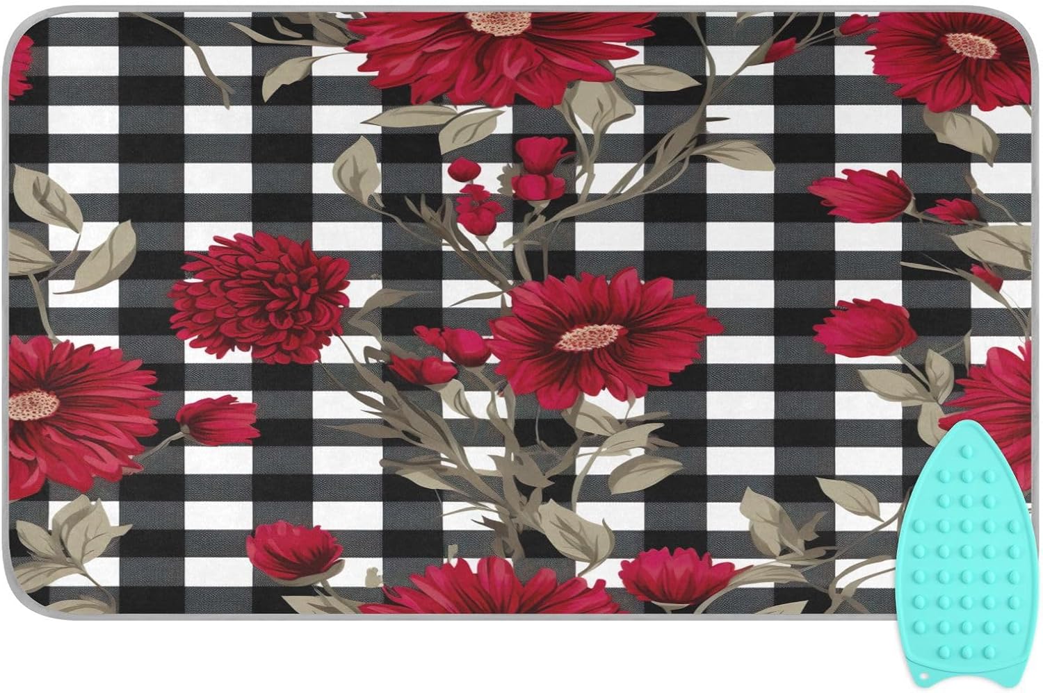 Red Flowers on Black and White Checkered Portable Ironing Blanket