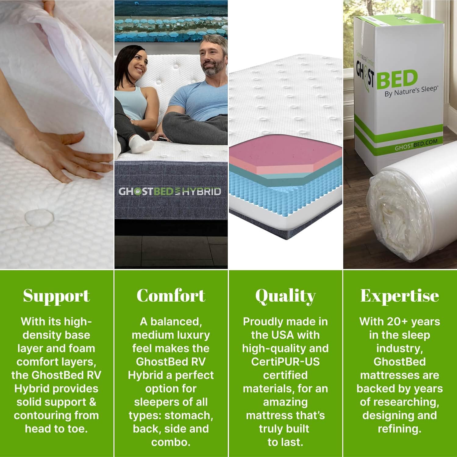 GhostBed 10 Inch Short King RV Mattress - Memory Foam Hybrid Coils