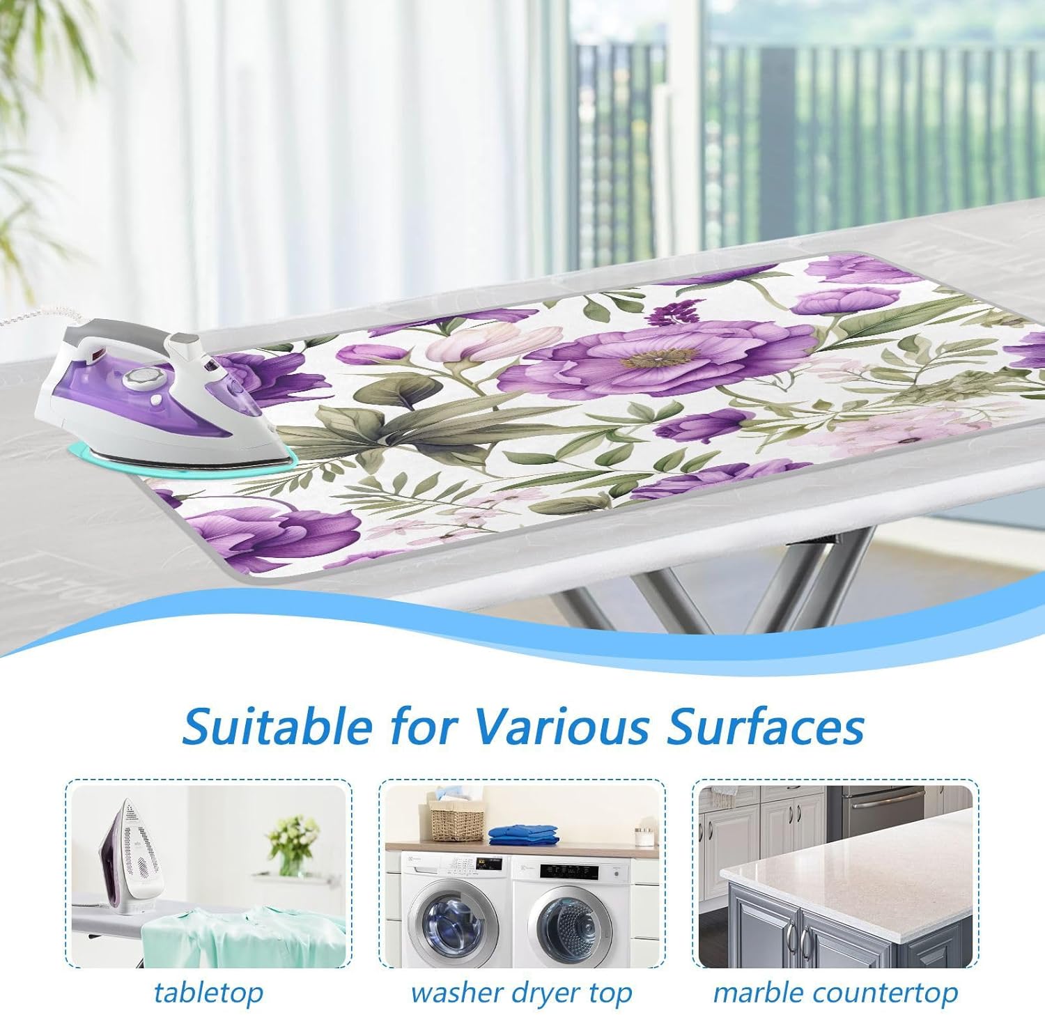 GAIGEO Violet Floral Ironing Mat with Leaves Foldable and Portable