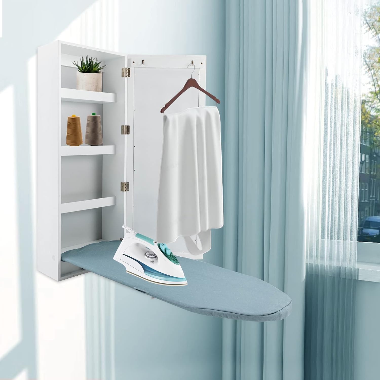 Wall Mounted Foldable Ironing Board with Mirror and Hooks White