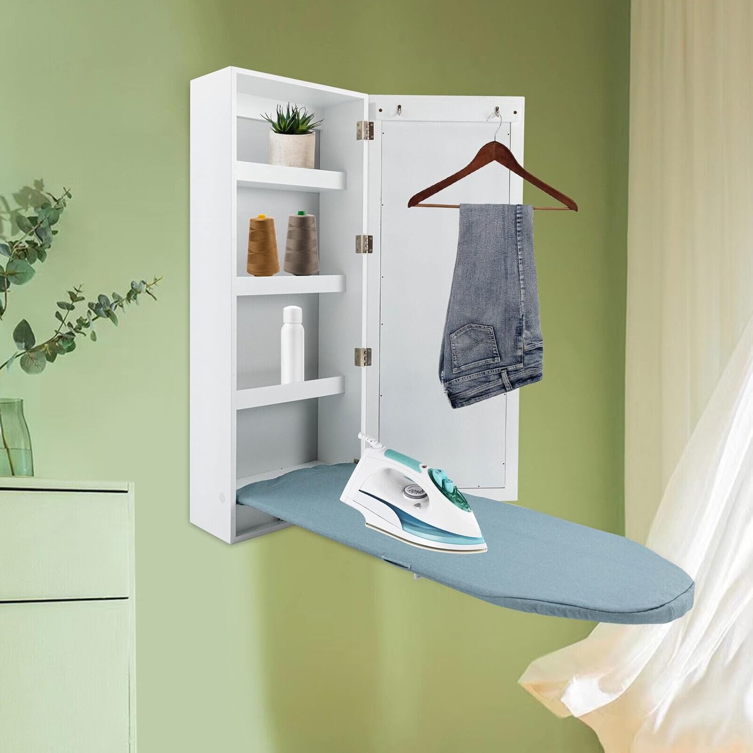 Wall Mounted Ironing Board with Mirror and Storage Cabinet White