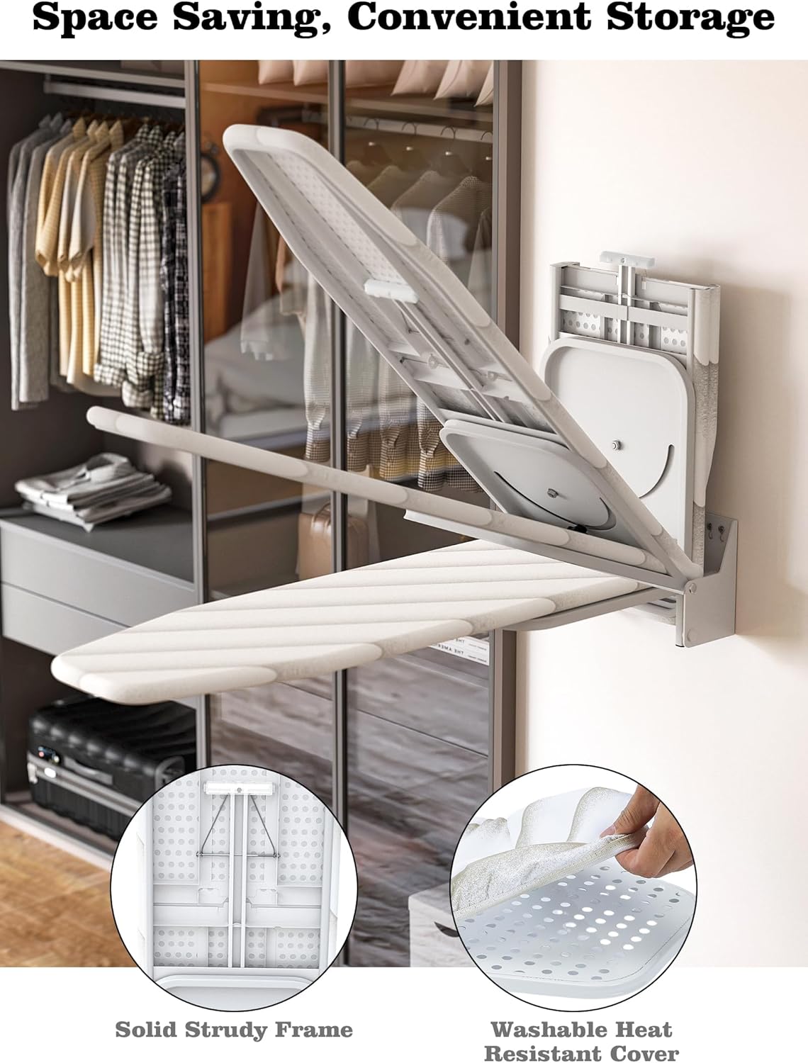 Space Saving Wall Mounted Ironing Board with 180 Swivel and Detachable Cover