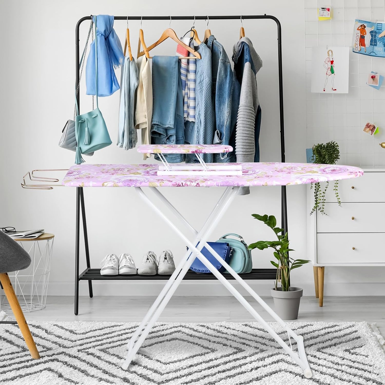 Foldable Ironing Board with Height Adjustment and Print Flower Cover
