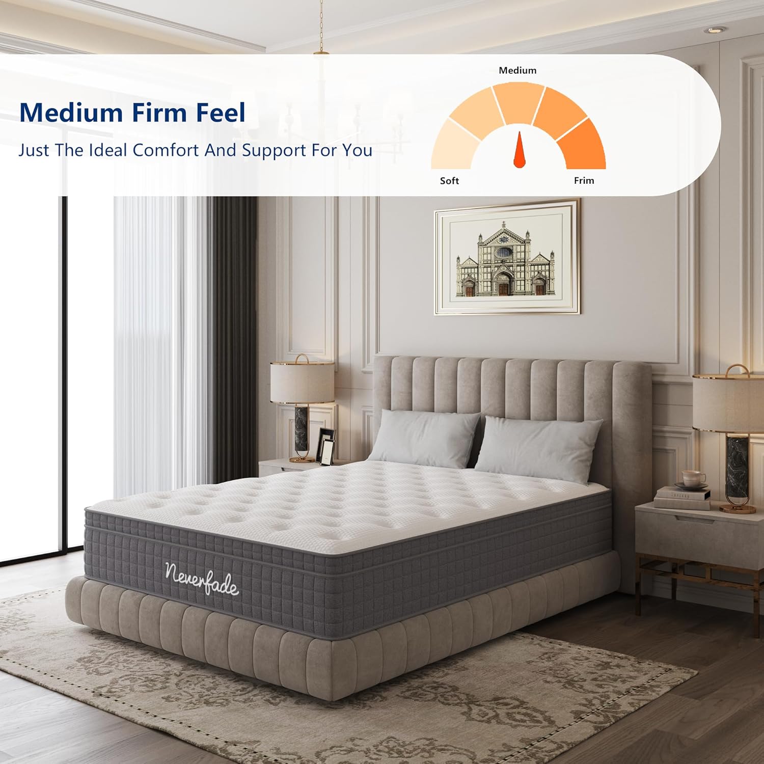 Neverfade 12 Inch Queen Mattress Medium Firm Gel Memory Foam Hybrid