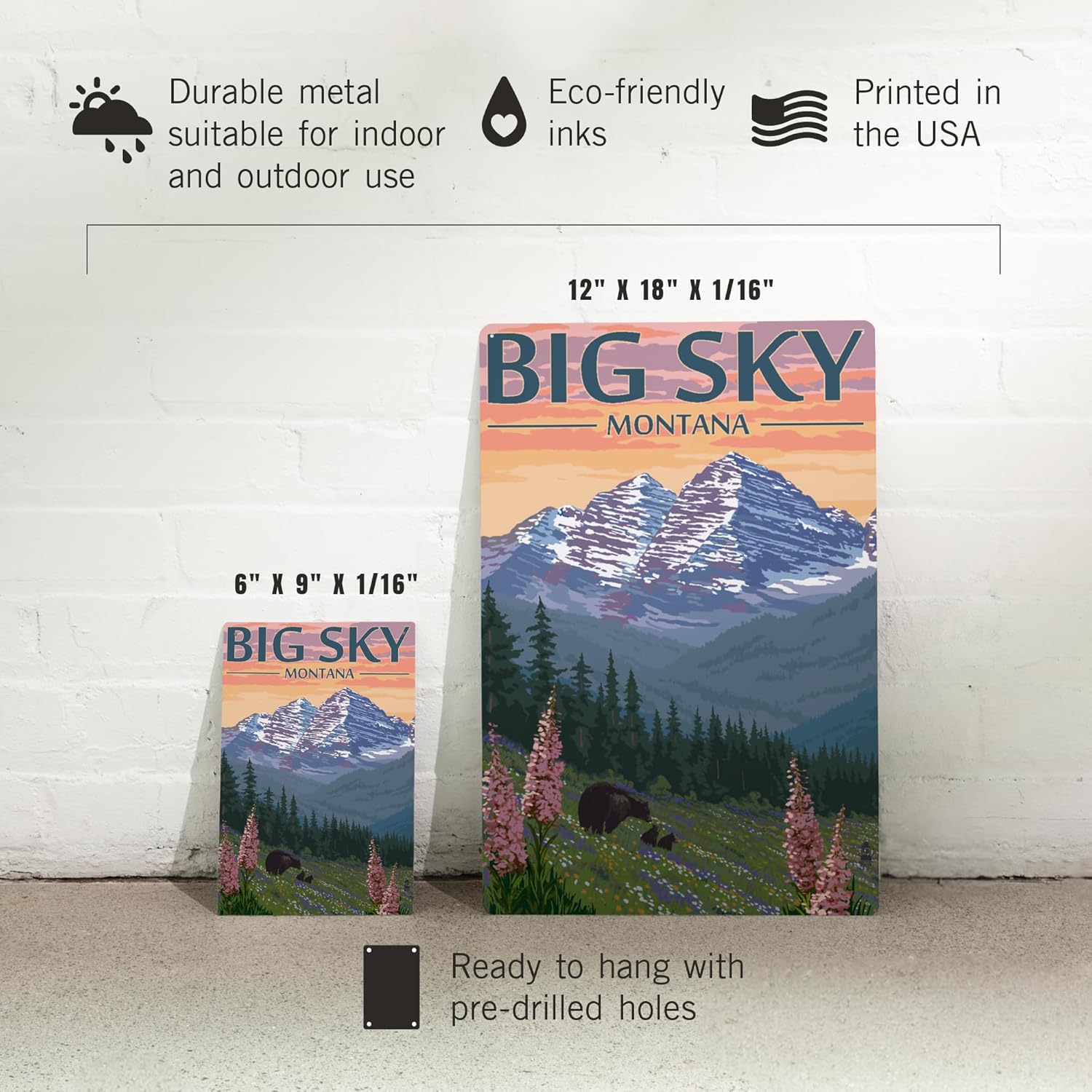 Lantern Press 6x9 Metal Sign Big Sky Montana Bear and Spring Flowers