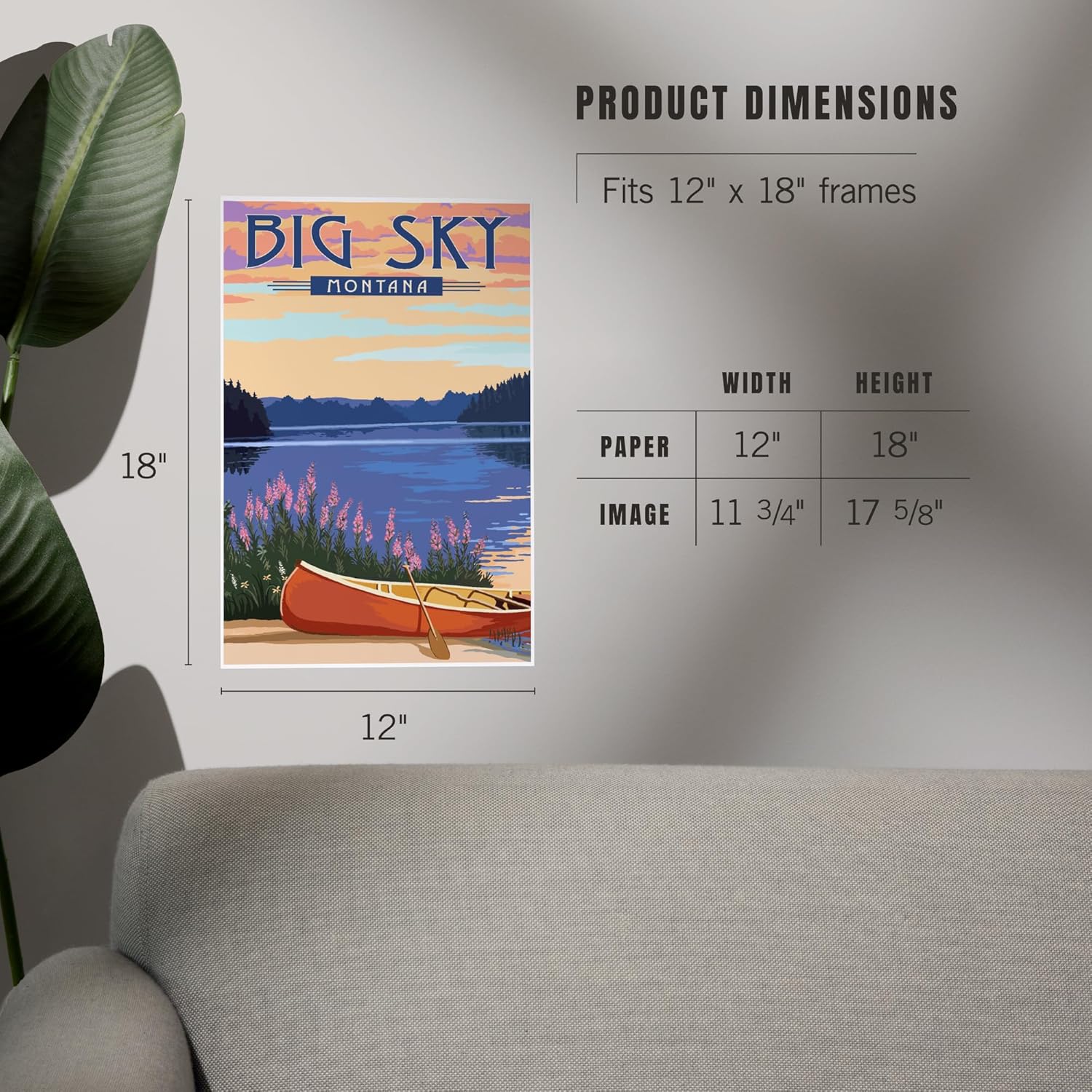 Lantern Press 12x18 Inch Art Print Big Sky Montana Canoe Lake