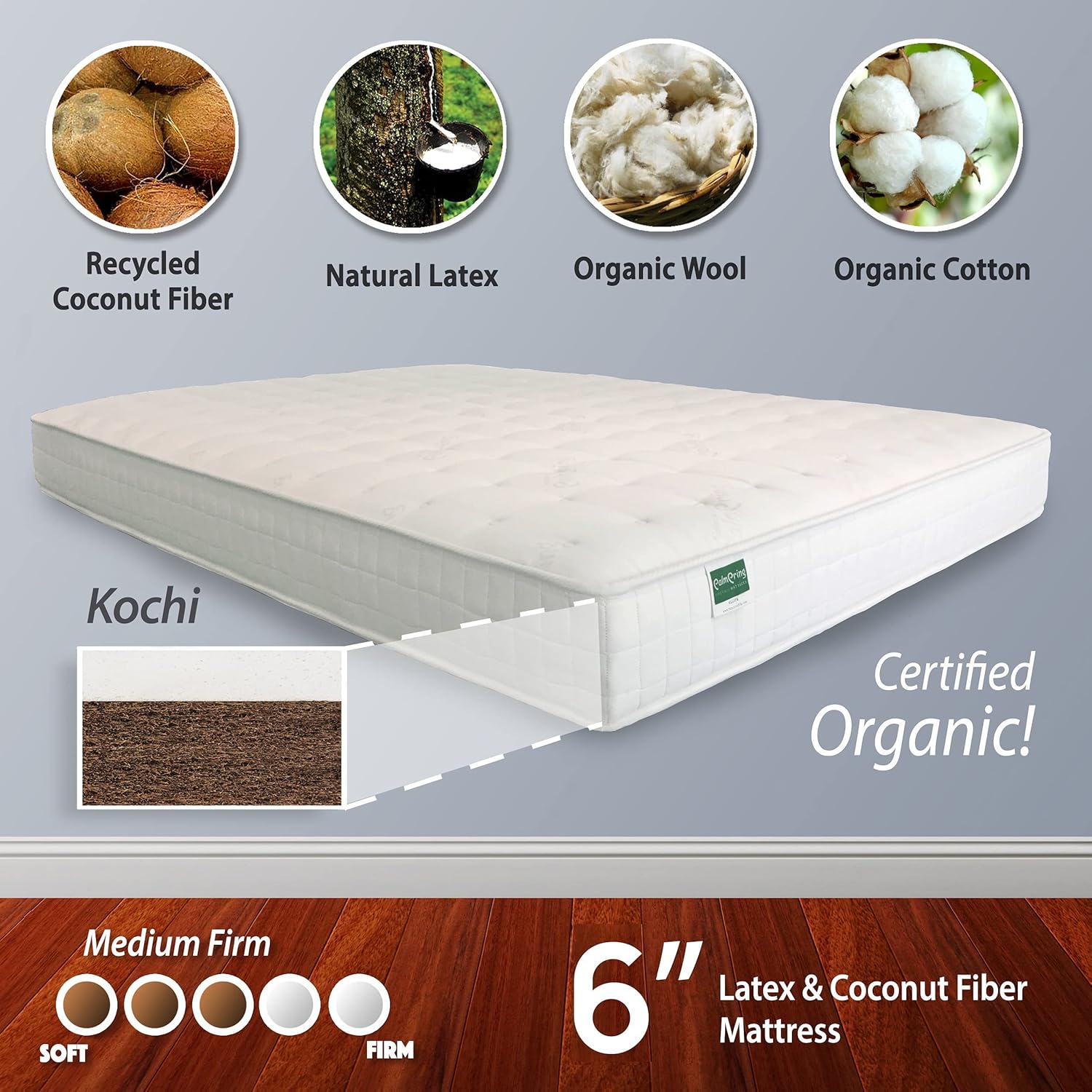 Kochi Twin Mattress Organic Latex Coconut Coir 6 inch Medium Firm