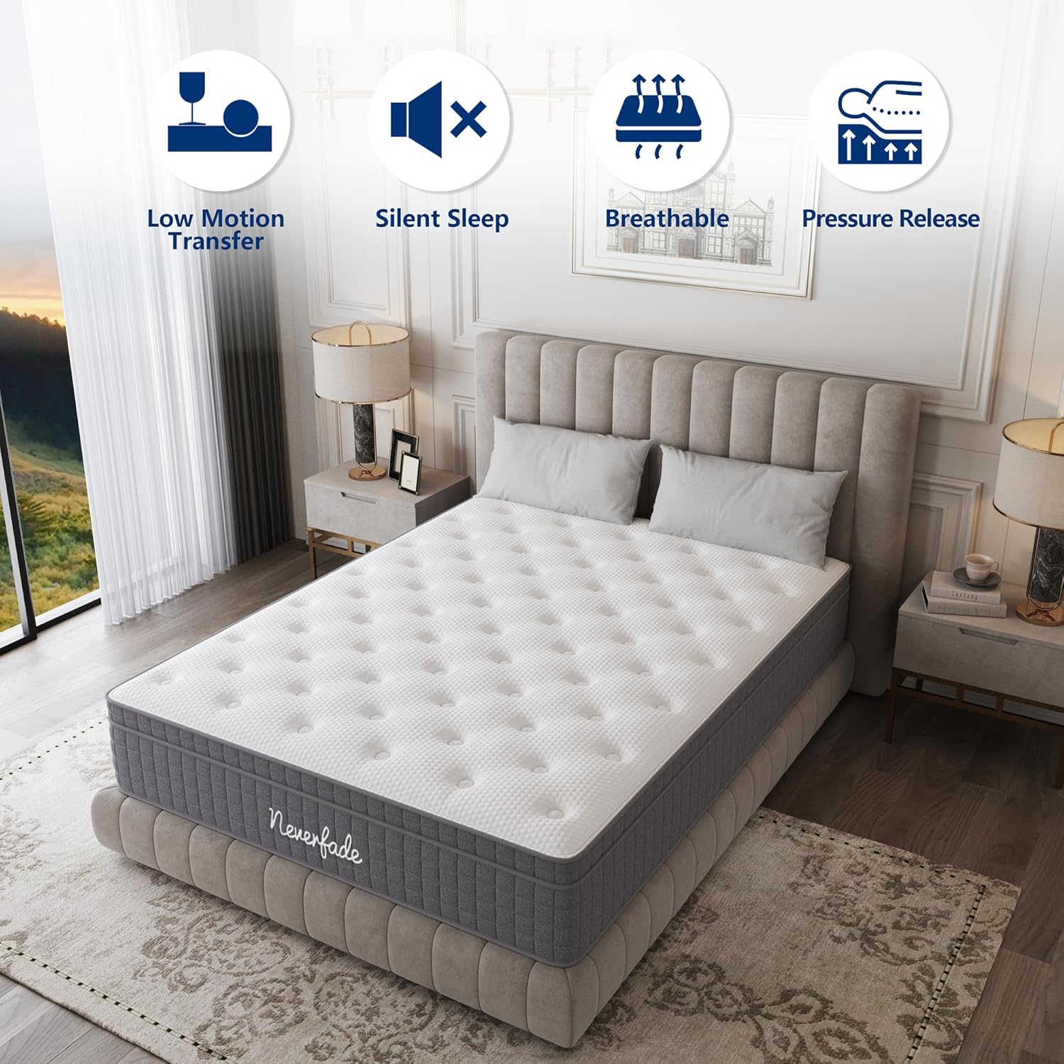 Neverfade 12 Inch Queen Mattress Medium Firm Gel Memory Foam Hybrid