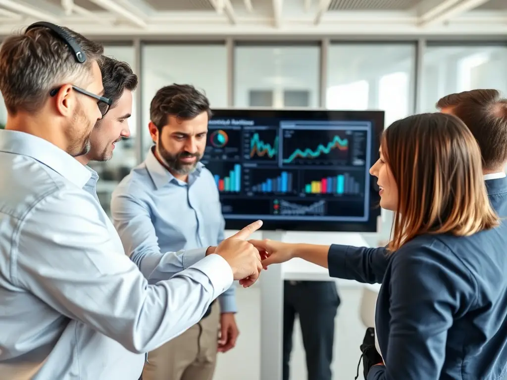 An image showcasing a team of consultants working together on a digital transformation project, brainstorming ideas and analyzing data on a large screen.