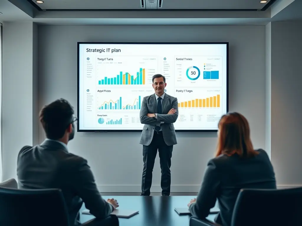 A consultant presenting a cloud migration plan, highlighting the benefits of scalability, cost reduction, and improved performance.