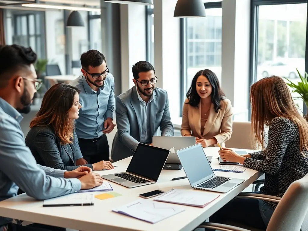 A team of consultants collaborating on a technology strategy roadmap, using digital tools and visual aids to map out key milestones and objectives.