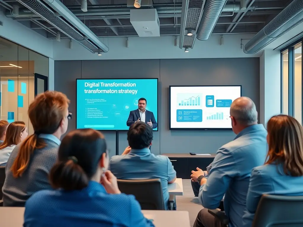 A consultant in a meeting room, presenting a digital transformation strategy on a large screen to a group of executives, showcasing data-driven insights and innovative solutions.